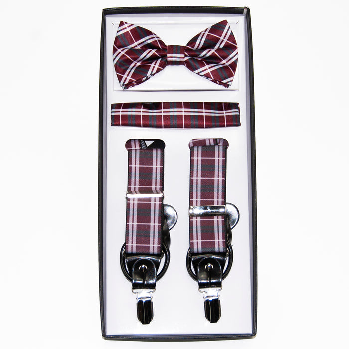 Burgundy Plaid 3-Piece Suspender Set