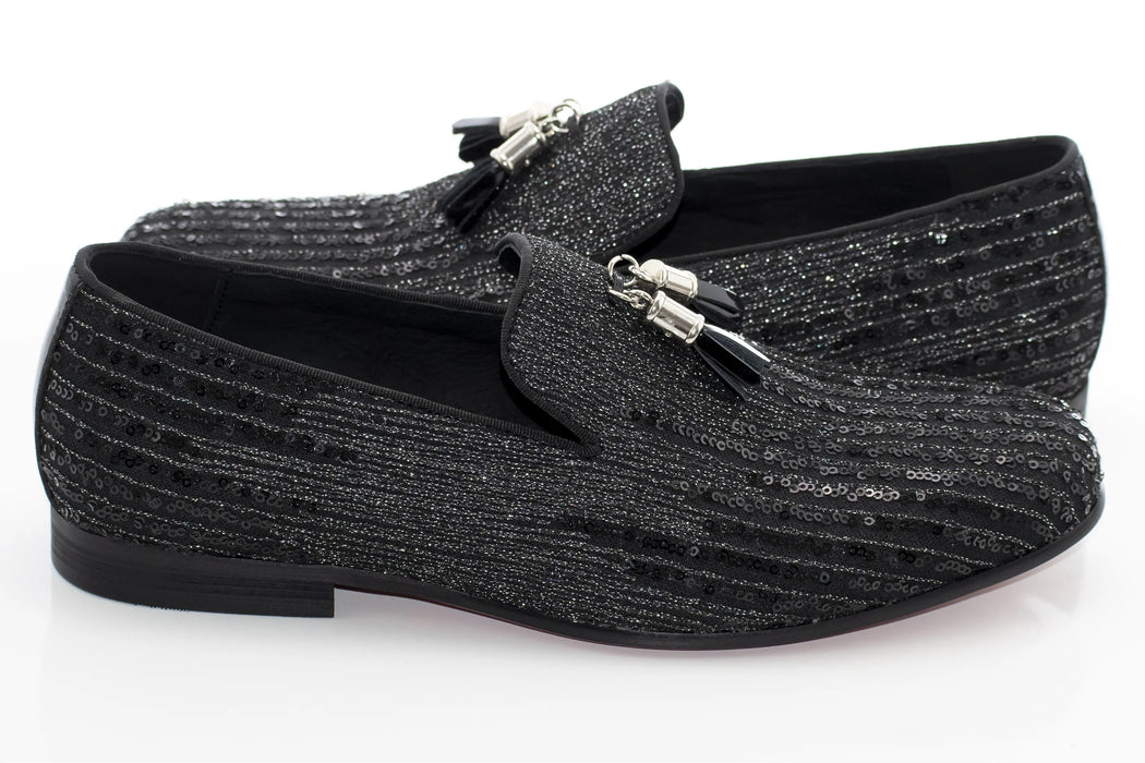 Black and Silver Sequined Dress Loafer with Tassels