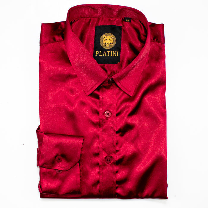 Burgundy Satin Slim-Fit Dress Shirt