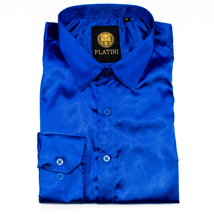 Royal Blue Satin Slim-Fit Dress Shirt
