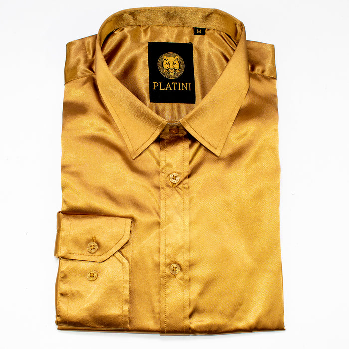 Gold Satin Slim-Fit Dress Shirt