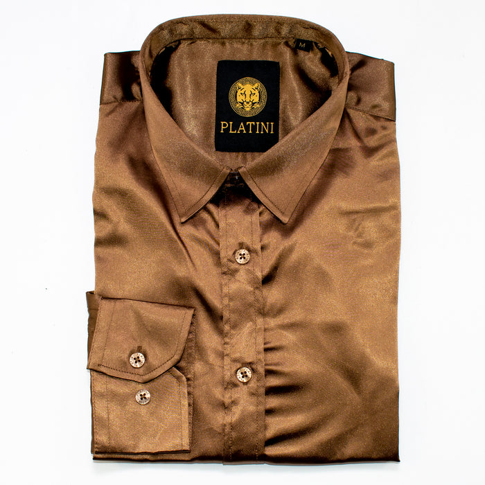 Brown Satin Slim-Fit Dress Shirt