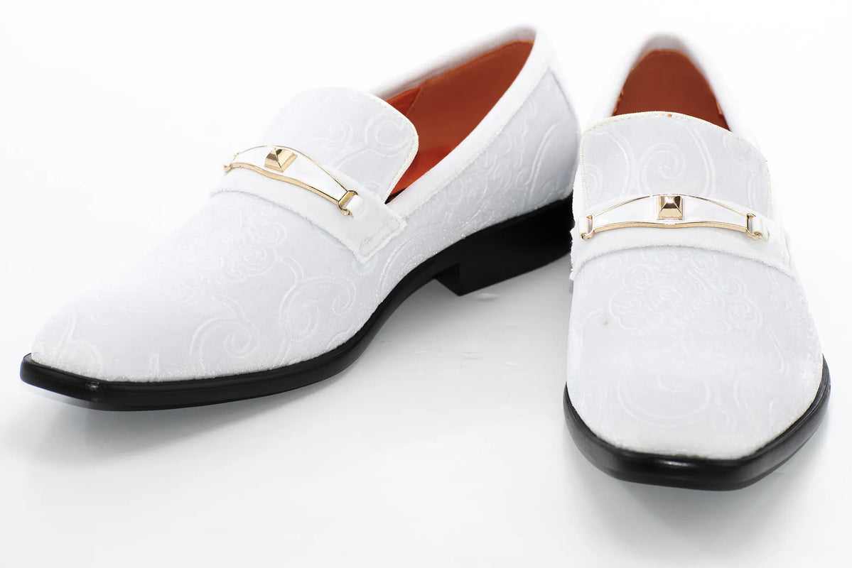 White Baroque Velvet Smoking Loafer With Metal Clasp — dolce vita MEN