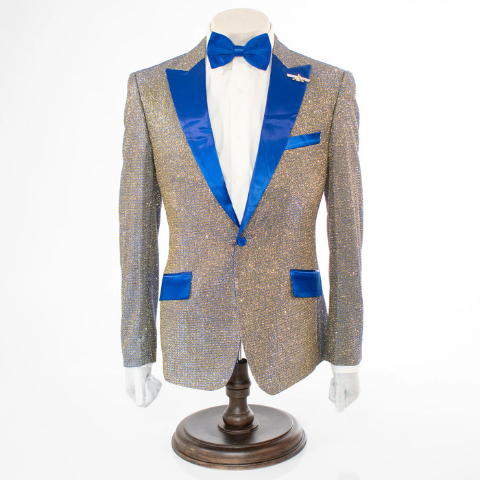 Men's Blue And Gold Sparkling Glitter Slim-Fit Tuxedo With Peak Lapels