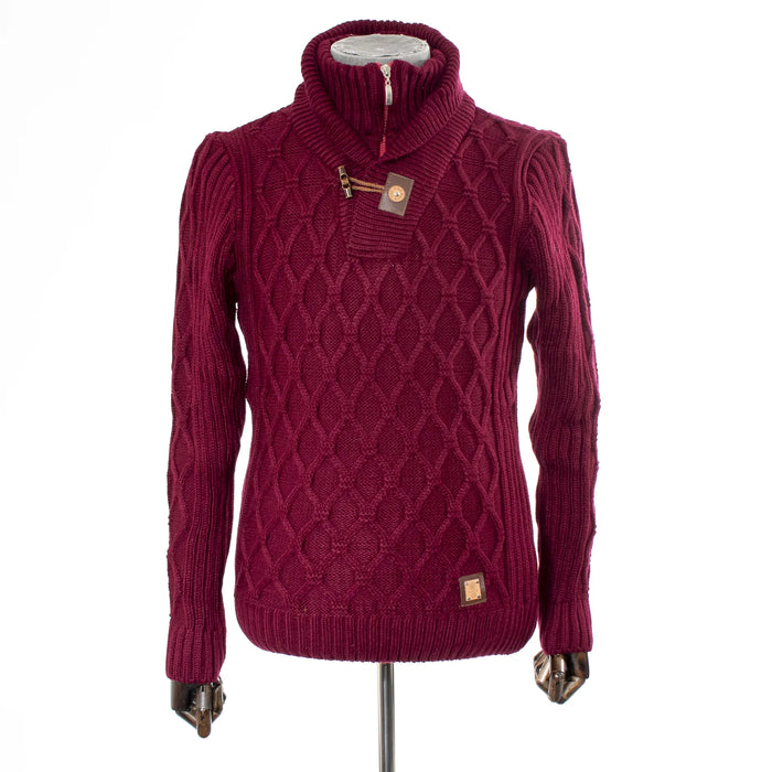 Burgundy Diamond-Patterned Cable Knit Sweater