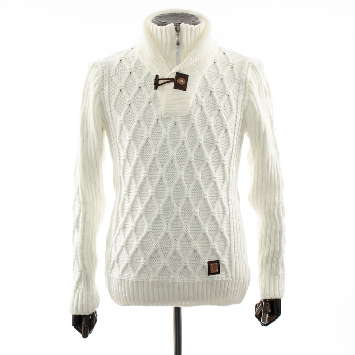 White Diamond-Patterned Cable Knit Sweater