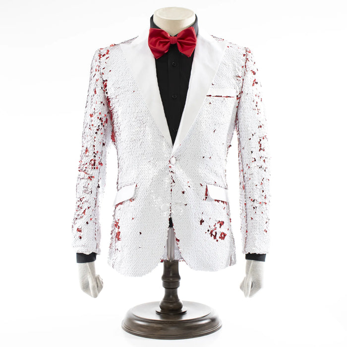White and Red Sequined Slim-Fit Dinner Jacket