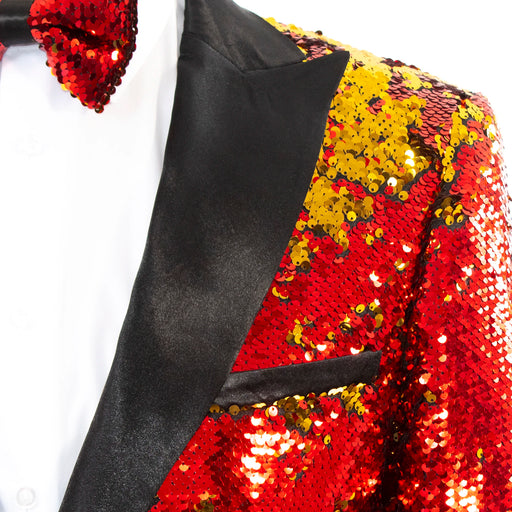 Men's Red And Gold Sequin Slim-Fit Jacket - Peak Lapel Closeup