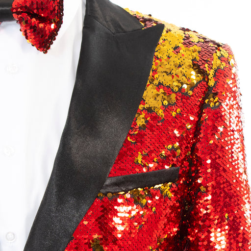 Men's Red And Gold Sequin Modern-Fit Jacket - Peak Lapel