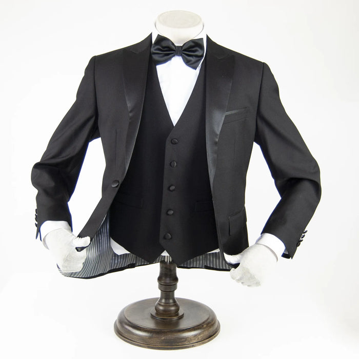 Black Wool 3-Piece Tailored-Fit Tuxedo with Peak Lapel