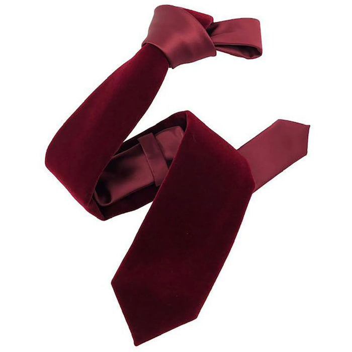 Men's Burgundy Velvet Necktie And Handkerchief