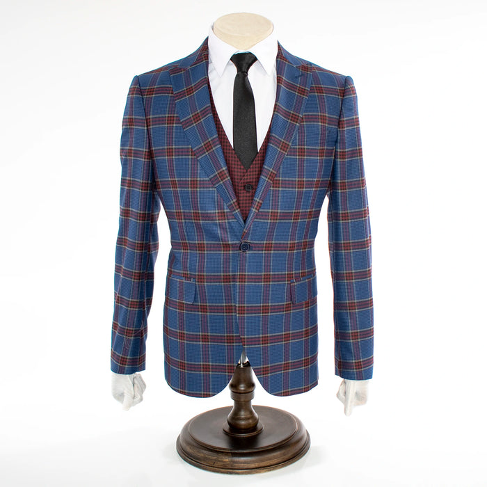 Blue and Burgundy Plaid 3-Piece Tailored-Fit Suit
