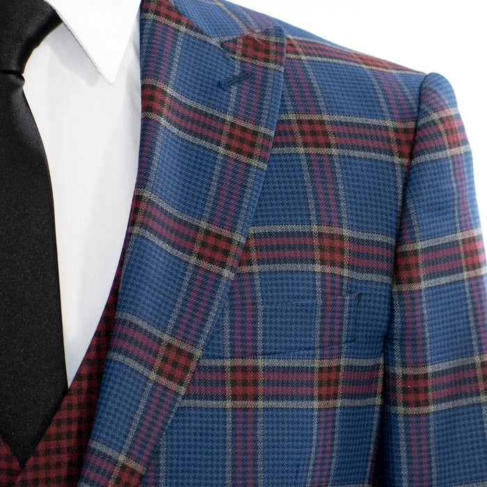 Blue and Burgundy Plaid 3-Piece Tailored-Fit Suit