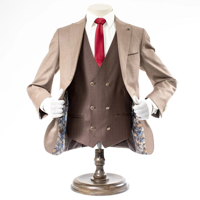 Light Brown Tweed 3-Piece Tailored-Fit Suit with Brown Vest