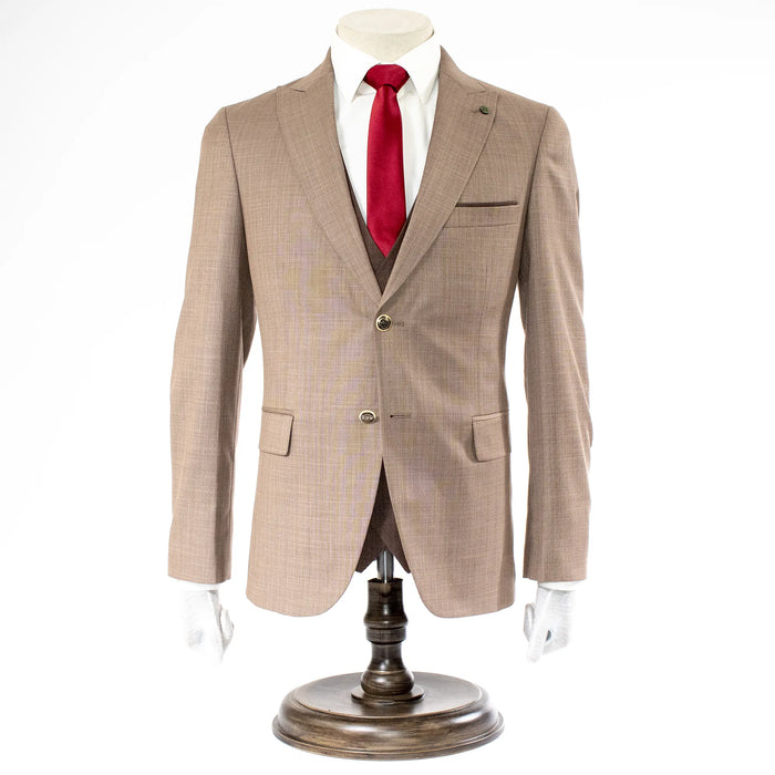 Light Brown Tweed 3-Piece Tailored-Fit Suit with Brown Vest