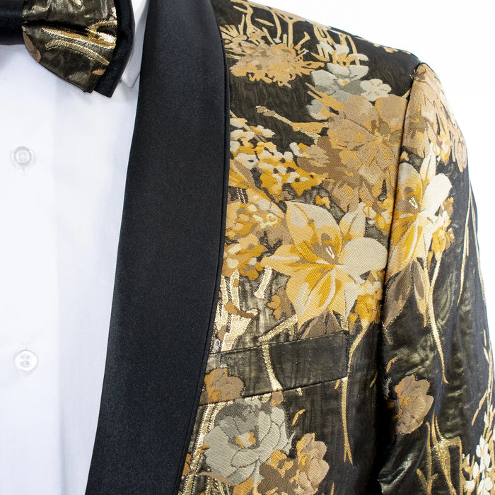 Black and Gold Floral Jacket With Shawl Lapels