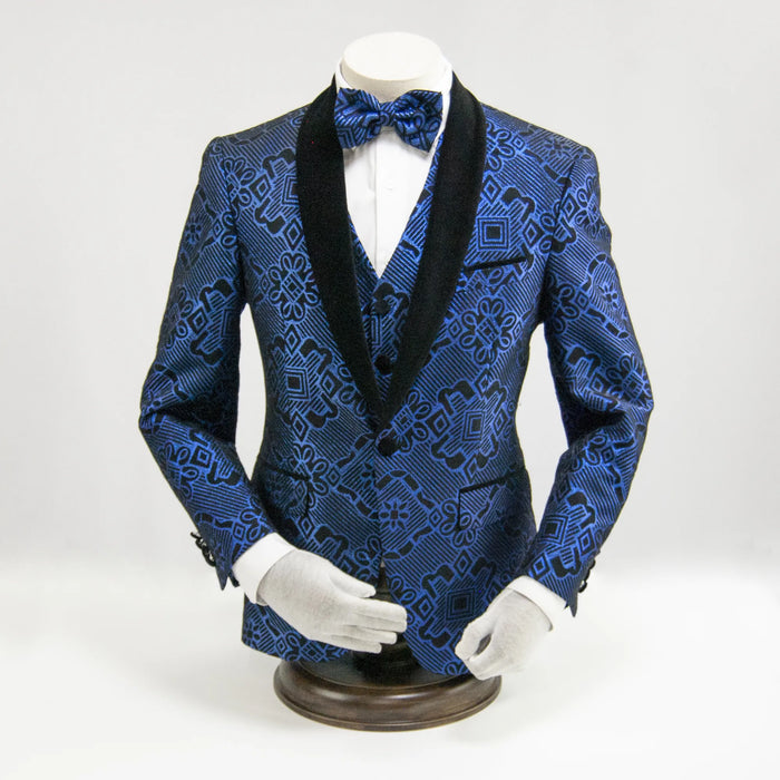 Black and Blue Patterned 3-Piece Tailored-Fit Tuxedo