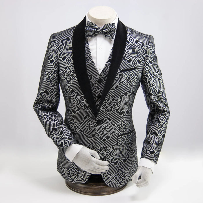 Black and Silver Patterned 3-Piece Tailored-Fit Tuxedo