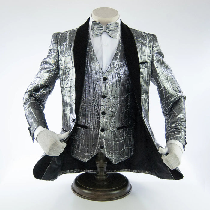 Silver Metallic Patterned 3-Piece Tailored-Fit Tuxedo