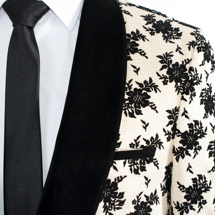 Champagne with Black Floral Pattern 3-Piece Tailored-Fit Tuxedo