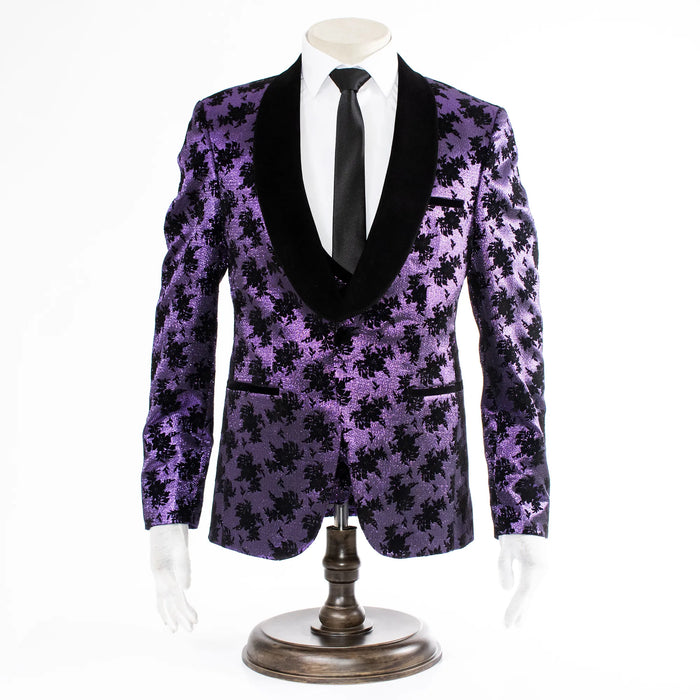 Purple with Black Floral Pattern 3-Piece Tailored-Fit Tuxedo