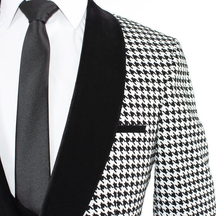 Silver Houndstooth Patterned 3-Piece Tailored-Fit Tuxedo