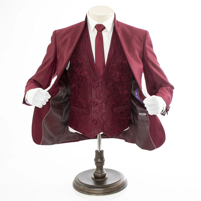 Burgundy Floral 3-Piece Slim-Fit Suit With No Lapels
