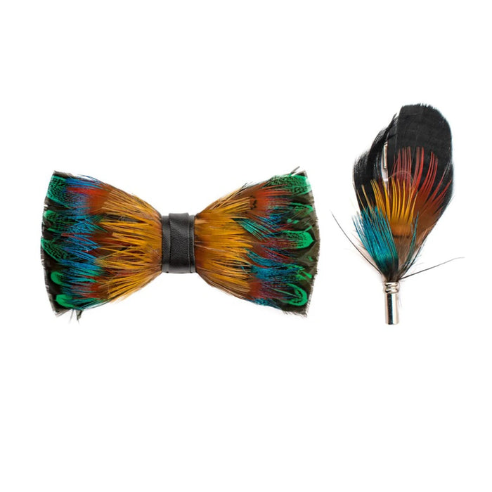 Men's Feather Bow-Tie And Lapel Pin