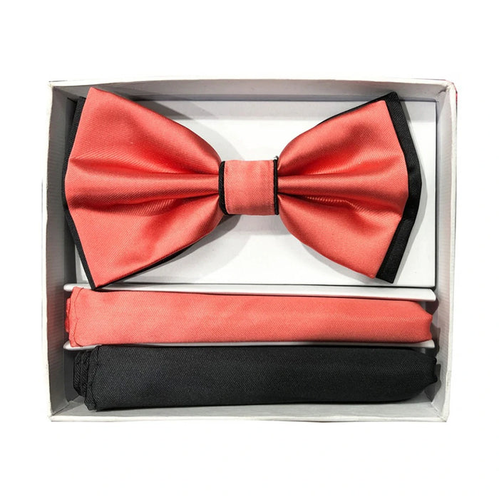 Men's Coral And Black Bow-Tie And Hankies